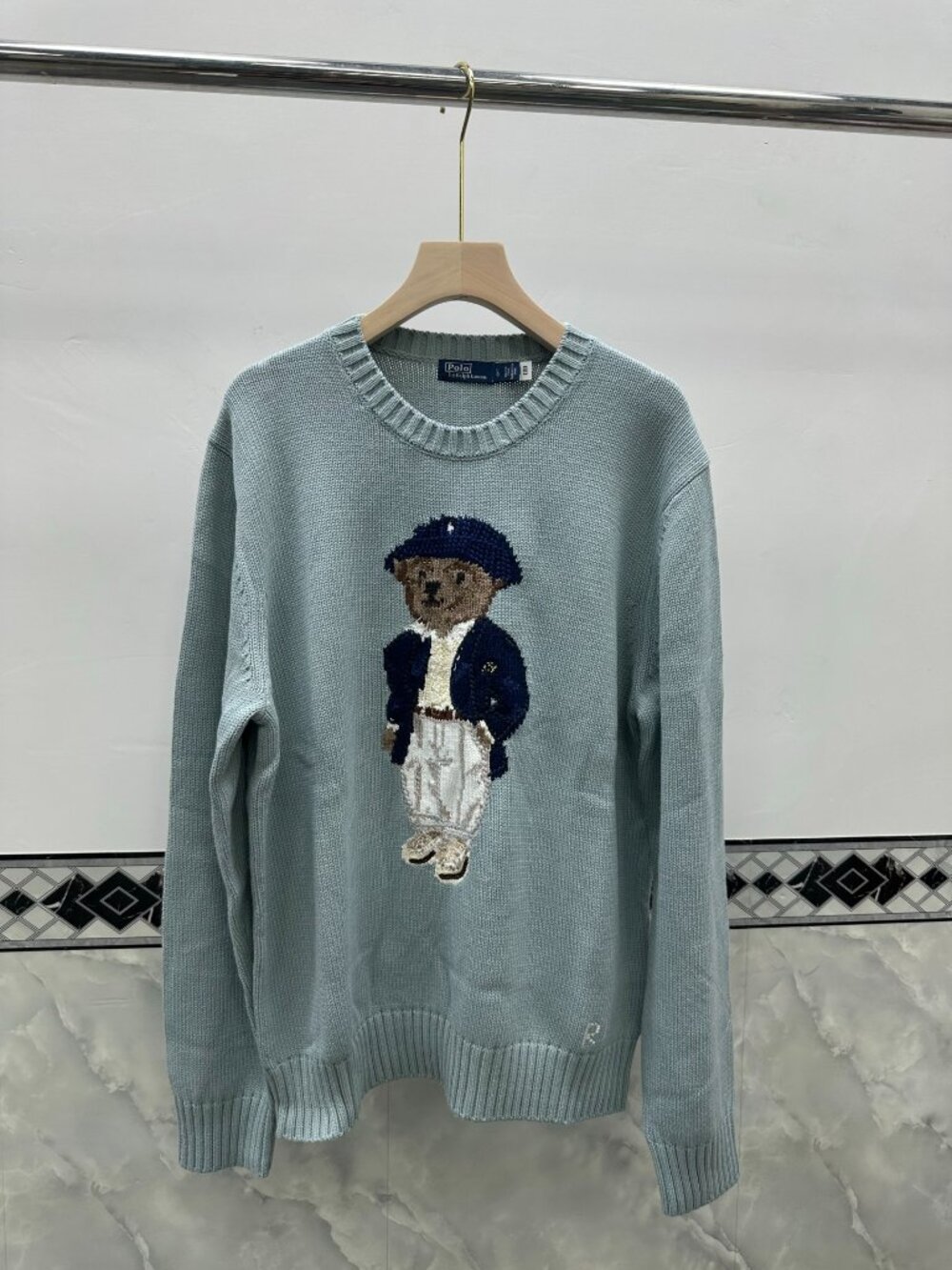 Polo Ralph Lauren Light Blue Beret Gentleman Polo Bear Crewneck Knit Sweater